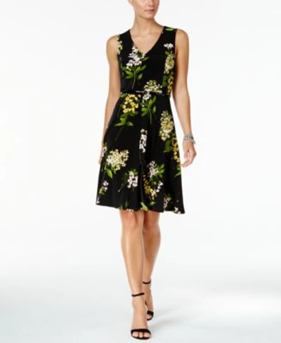 Tommy Hilfiger Belted Floral-print A-line Dress In Black/green/yellow