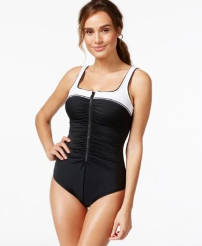 Reebok Colorblocked Zip-front One-piece Swimsuit In Black/white