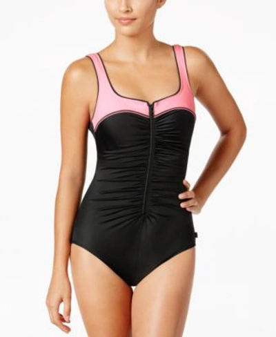 Reebok Colorblocked Zip-front One-piece Swimsuit In Black/pink