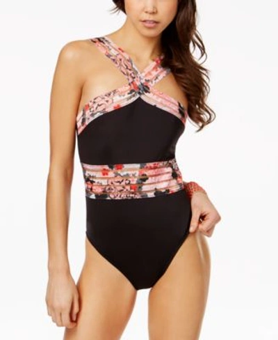 Kenneth Cole Reaction Sweet Sakura Floral-print High-neck Tummy-control One-piece Swimsuit Women's Swimsuit In Black