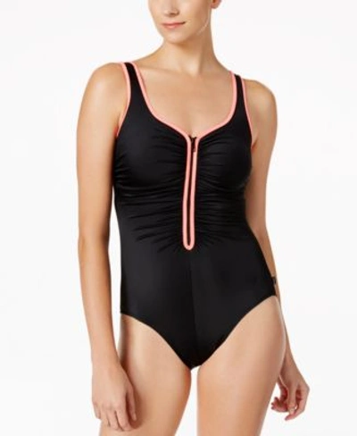 Reebok Pipe-trim Zip-front One-piece Swimsuit Women's Swimsuit In Black/coral