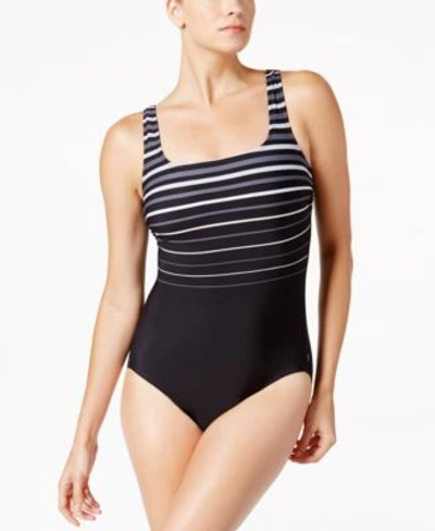 Reebok Winning Streak Printed Active One-piece Swimsuit In Silver