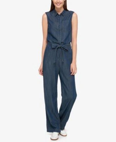 Tommy Hilfiger Tie-front Denim Jumpsuit, Created For Macy's In Indigo