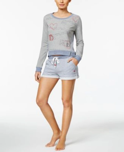 Tommy Hilfiger Cotton-blend Sweatshirt And Shorts Pajama Set In Heather Grey/insignia Stripe