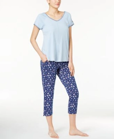 Tommy Hilfiger Stitch-trimmed Top And Printed Capri Pants Knit Pajama Set In Chambray Blue/marguerite Ditsy