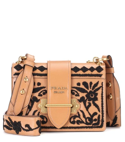 Prada Madras Embroidered Cahier Shoulder Bag In Caramel