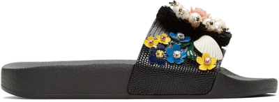 Dolce & Gabbana Floral-embellished Leather And Rubber Slides In Black