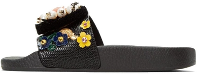 Shop Dolce & Gabbana Black Flower Slide Sandals