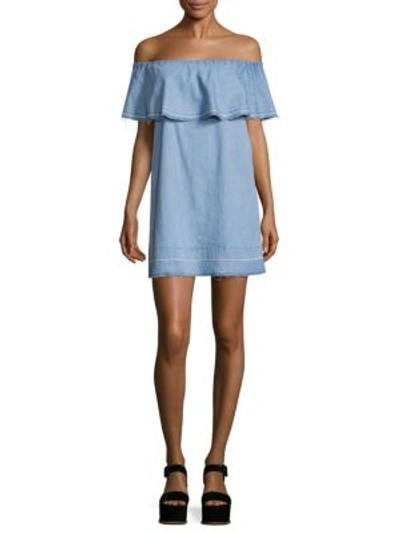 Shop 7 For All Mankind Off-the-shoulder Chambray Dress In Cool Wave Blue