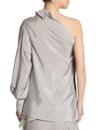 Shop Jonathan Simkhai Striped One-shoulder Silk Blouse In Grey Pinstripe