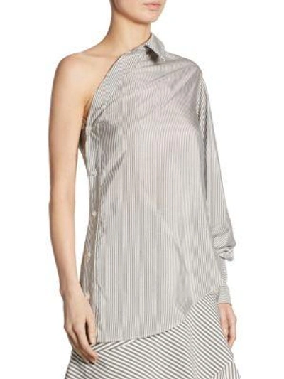 Shop Jonathan Simkhai Striped One-shoulder Silk Blouse In Grey Pinstripe