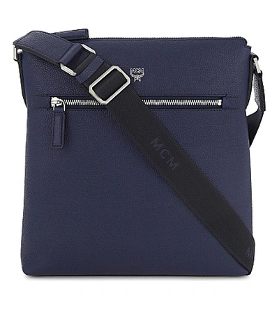 Shop Mcm Otto Small Leather Messenger Bag In Pistol Blue