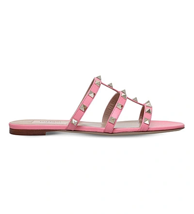 Shop Valentino Rockstud Leather Slide Sandals In Pink