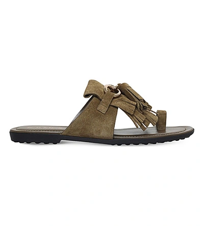 Shop Tod's Fringed Suede Sandals In Khaki