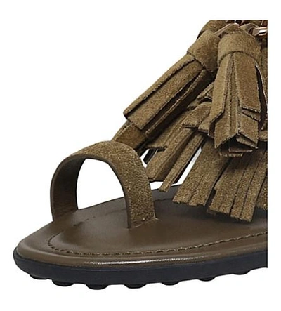 Shop Tod's Fringed Suede Sandals In Khaki