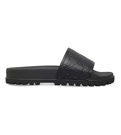 Shop Gucci Pursuit Trek Leather Slider Sandals In Black