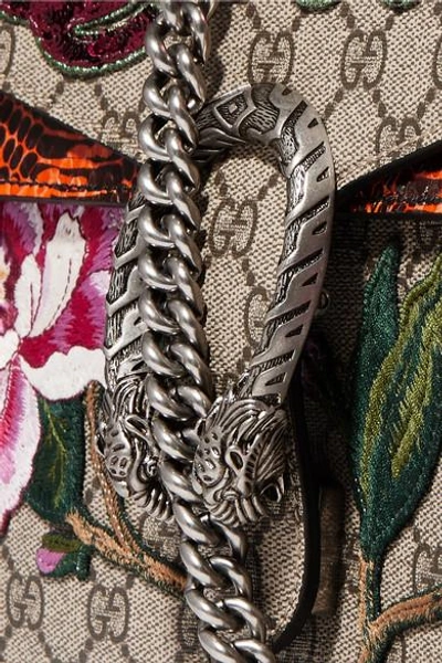 Shop Gucci Dionysus Appliquéd Printed Coated-canvas And Watersnake Shoulder Bag In Beige