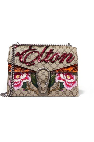 Shop Gucci Dionysus Appliquéd Printed Coated-canvas And Watersnake Shoulder Bag In Beige