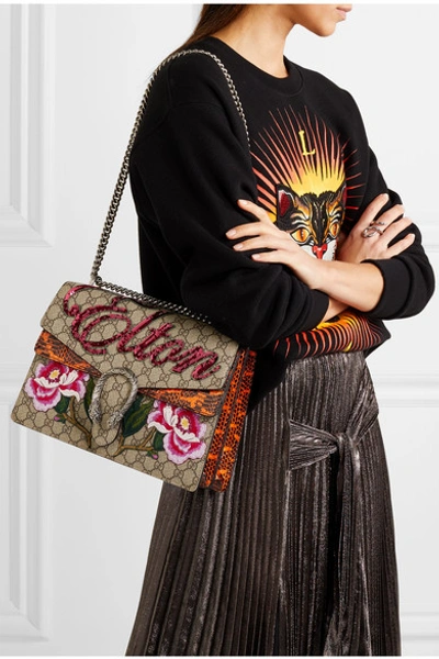 Gucci Dionysus Appliquéd Printed Coated-canvas And Watersnake Shoulder Bag In Beige