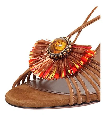 Shop Aquazzura Samba Embroidered Suede Sandals In Tan