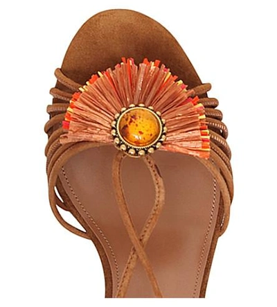 Shop Aquazzura Samba Embroidered Suede Sandals In Tan