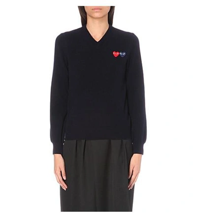 Shop Comme Des Garçons Play Heart-appliqué Wool Sweater In Navy