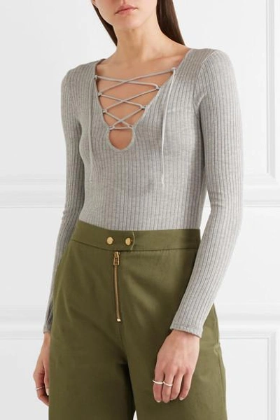 Shop Splendid Lace-up Ribbed Strech-knit Bodysuit In Gray