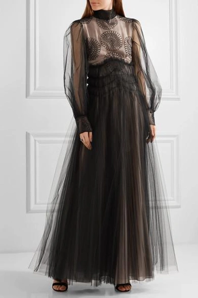 Shop Valentino Appliquéd Tulle Gown In Black
