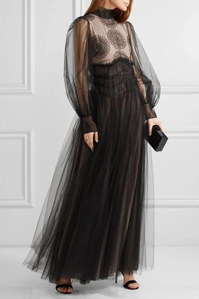 Shop Valentino Appliquéd Tulle Gown In Black