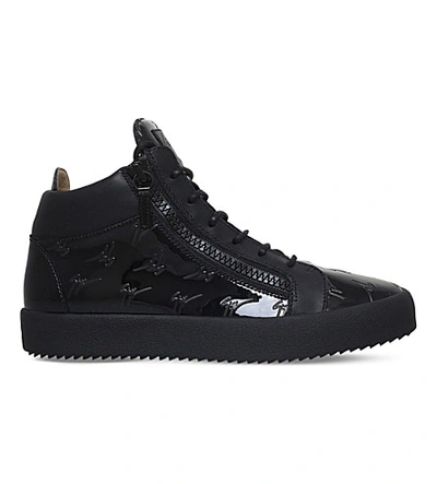 Giuseppe Zanotti Logo Patent-leather Mid-top Trainers In Black