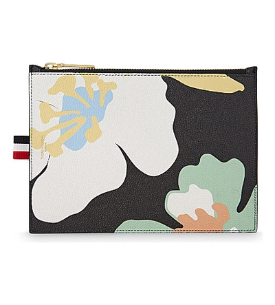 Thom Browne Floral Print Leather Pouch In Black