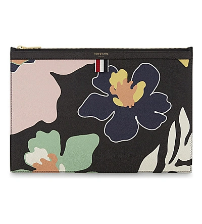 Thom Browne Floral Leather Pouch In Black
