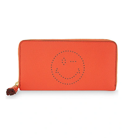 Anya Hindmarch Large Zip Round Calfskin Leather Wink Wallet In Coral