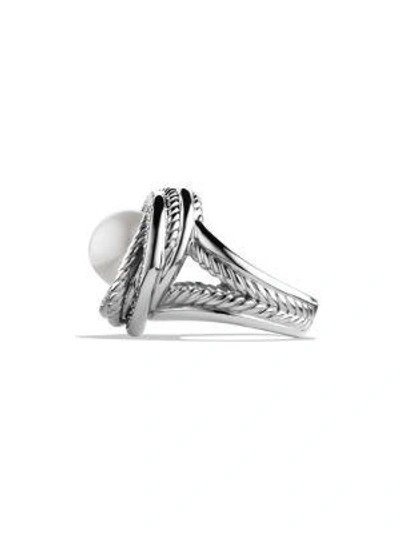 Shop David Yurman Pearl Crossover Ring With Diamonds In Silver