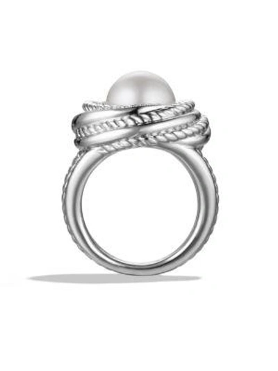Shop David Yurman Pearl Crossover Ring With Diamonds In Silver