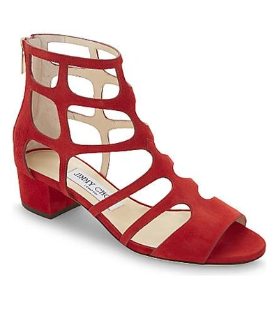 Shop Jimmy Choo Ren 35 Suede Heeled Sandals In Red