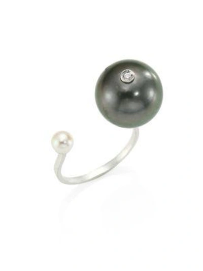 Shop Delfina Delettrez Diamond, 18k White Gold, Tahitian & White Pearl Open Ring