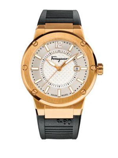 Ferragamo Mens F-80 Rose Goldtone Stainless Steel Rubber Strap Watch In Black