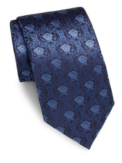 Versace Embossed Silk Tie In Blue