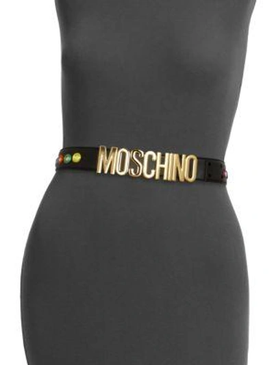 Shop Moschino Embroidered Mirror Logo Belt In Black Multicolor