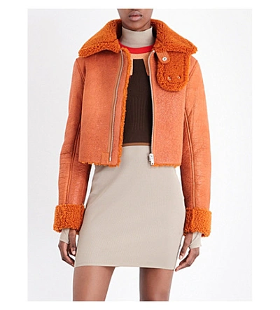 Yeezy Cropped Shearling Bomber Jacket, Rust, Brown