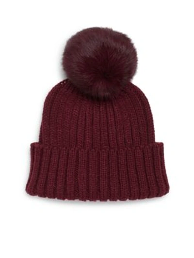 Adrienne Landau Rib-knit Rabbit Fur Pom-pom Hat In Berry