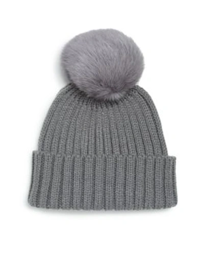 Adrienne Landau Rib-knit Rabbit Fur Pom-pom Hat In Grey