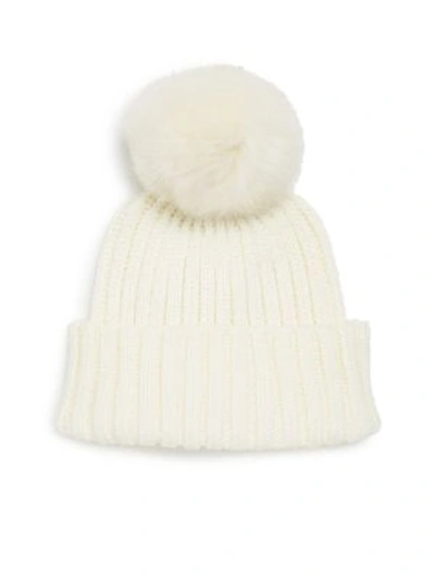 Adrienne Landau Rib-knit Rabbit Fur Pom-pom Hat In Ivory