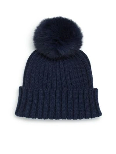 Adrienne Landau Rib-knit Rabbit Fur Pom-pom Hat In Navy