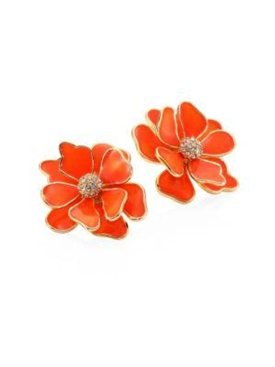 Shop Kenneth Jay Lane Flower Crystal & Enamel Stud Earrings/coral In Orange