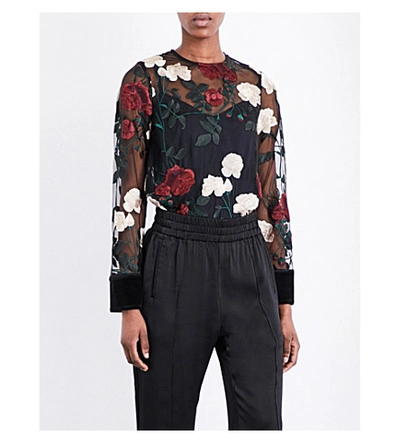 Ganni Simmons Floral-embroidered Organza Top In Black