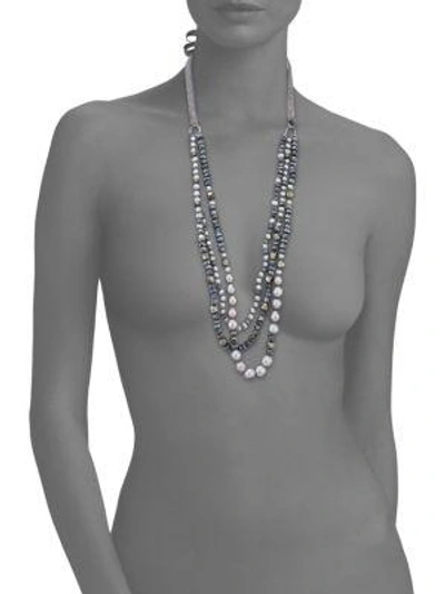 Shop Chan Luu 6mm Grey Potato Pearl, 9-10mm Cultured Freshwater Pearl, Pyrite & Mystic Lab Tie Necklace In Blue