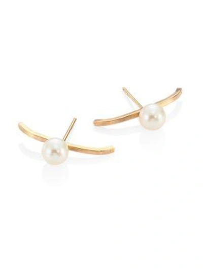 Shop Zoë Chicco 6mm White Freshwater Pearl & 14k Yellow Gold Curved Bar Staple Stud Earrings