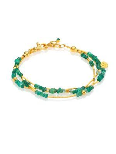 Shop Gurhan Delicate Rain Emerald & 24k Yellow Gold Triple-strand Bracelet In Gold-emerald